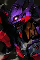 Rule 34 | armor, creepy, eva 01, evangelion: 2.0 you can (not) advance, full armor, glowing, glowing eyes, horns, hungry clicker, mecha, neon genesis evangelion, no humans, open mouth, rebuild of evangelion, red eyes, robot, single horn, smoke, teeth