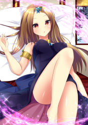 Rule 34 | 1girl, bare legs, bare shoulders, barefoot, blue dress, blue flower, breasts, brown hair, commentary request, dress, fingernails, flower, forehead, hair ornament, hand up, highres, indoors, long hair, looking at viewer, lying, medium breasts, misaki (misaki86), on back, original, parted bangs, parted lips, pillow, red eyes, sleeveless, sleeveless dress, solo, sparkle