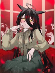 Rule 34 | 1girl, ahoge, animal ears, black hair, black skirt, blush, brown shirt, collar, couch, frilled collar, frills, hand on own face, highres, horse ears, horse girl, huge ahoge, long hair, long sleeves, looking at viewer, manhattan cafe (umamusume), nail polish, on couch, parted lips, plaid, plaid skirt, red nails, semicolon chan, shirt, shirt tucked in, sitting, skirt, solo, umamusume, very long hair, white hair, window, yellow eyes