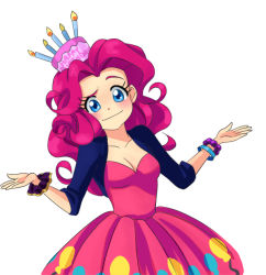 Rule 34 | 1girl, balloon, blue eyes, blush, bracelet, breasts, cake, candle, cleavage, curly hair, dress, food, jewelry, long hair, looking at viewer, my little pony, my little pony: friendship is magic, personification, pink hair, pinkie pie, raised eyebrow, semehammer, shrugging, smile, solo, white background