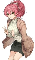 Rule 34 | 1girl, absurdres, beige sweater, blush, breasts, brown coat, clenched hand, coat, earrings, eyelashes, feet out of frame, glint, hair between eyes, highres, idolmaster, idolmaster cinderella girls, jacket, jacket on shoulders, jewelry, jougasaki mika, light smile, looking at viewer, medium breasts, pink hair, ponytail, shino sto, simple background, solo, striped clothes, striped sweater, sweater, v, white background, yellow eyes