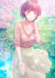 Rule 34 | 1girl, absurdres, beckoning, belt, black hair, blush, bob cut, breasts, brown belt, buckle, cleavage, closed mouth, collarbone, commentary, cowboy shot, eyelashes, floral print, flower, grass, tucking hair, hand up, highres, idolmaster, idolmaster cinderella girls, jewelry, light particles, lips, long sleeves, medium breasts, nature, necklace, outdoors, outstretched hand, peppe, petals, pink flower, pink sweater, short hair, skirt, smile, solo, standing, sweater, takafuji kako, v-neck, white skirt, wind, wind lift, yellow eyes, yellow flower