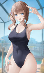 Rule 34 | 1girl, absurdres, black one-piece swimsuit, blue one-piece swimsuit, blurry, blurry background, breasts, brown hair, bsmage, cleavage, competition school swimsuit, covered navel, cowboy shot, depth of field, hand on own thigh, highres, long hair, looking at viewer, medium breasts, mochizuki honami, one-piece swimsuit, project sekai, salute, school swimsuit, sidelocks, solo, swimsuit, thighs, wavy hair