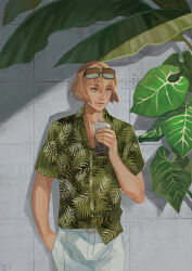 Rule 34 | 1boy, alternate costume, blonde hair, closed mouth, commentary, cowboy shot, cup, dated commentary, drinking straw, eyewear on head, green shirt, hair between eyes, hand in pocket, hawaiian shirt, higekiri (touken ranbu), holding, holding cup, looking afar, looking to the side, male focus, pants, plant, shirt, short hair, smile, solo, sunglasses, tile wall, tiles, touken ranbu, white pants, yellow eyes, zi tsas