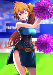 Rule 34 | 1girl, absurdres, black corset, blue dress, blue eyes, blush, boku no hero academia, breasts, brown hair, cheerleader, commentary request, corset, dress, grin, highres, huge filesize, kendou itsuka, large breasts, long hair, looking at viewer, maroniki (arosama), one eye closed, pom pom (cheerleading), short dress, side ponytail, side slit, sleeveless, sleeveless dress, smile, solo