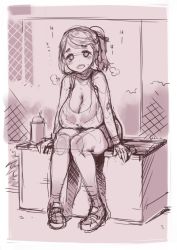 Rule 34 | 1girl, blush, bra, breasts, breath, cleavage, commentary, female focus, hair ribbon, knees together feet apart, kosuke orz, large breasts, long hair, monochrome, original, outdoors, plant, ponytail, ribbon, sagging breasts, shoes, sitting, sketch, sneakers, solo, sweat, tank top, underwear