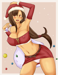 Rule 34 | 1990s (style), 1girl, arm warmers, armpits, arms up, bad id, bad pixiv id, bag, bare shoulders, belt, blush, breasts, brown hair, candy, christmas, cleavage, detached sleeves, earrings, covered erect nipples, female focus, final fantasy, final fantasy vii, food, happy, hat, jewelry, large breasts, long hair, materia, midriff, miniskirt, momo 765, nipples, open mouth, panties, pantyshot, pencil skirt, red eyes, rirakukan, sack, santa costume, santa hat, skirt, smile, solo, strapless, tifa lockhart, tube top, underwear, upskirt, white panties