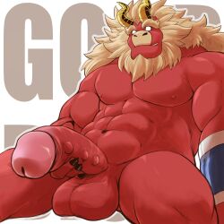 Rule 34 | 1boy, bara, beaded penis, beard, blank eyes, colored skin, completely nude, curled horns, demon boy, demon horns, facial hair, feet out of frame, forked eyebrows, furry, furry male, gardie (otsukimi), half-erect, highres, horns, huge eyebrows, huge penis, large pectorals, large testicles, leaning back, lion hair, long hair, looking at viewer, male focus, manspreading, muscular, muscular male, nipples, nude, original, otsukimi, pectorals, penis, red skin, sitting, smile, solo, strongman waist, testicles, thick thighs, thighs