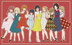 Rule 34 | &gt;:o, 10s, 6+girls, :d, :o, ^ ^, arm around waist, arm at side, ayatsuji haruka, bare legs, black dress, black footwear, black hair, blonde hair, blue eyes, blunt bangs, border, bow, bracelet, breasts, brown eyes, brown hair, buttons, casual, closed eyes, closed mouth, collarbone, dress, eyebrows, eyelashes, female focus, flat color, floral print, full body, fume, glasses, green eyes, hair bow, hair bun, half updo, hand on another&#039;s arm, hand on another&#039;s head, happy, high heels, hiyami aki, holding another&#039;s arm, holding hands, jewelry, konami kirie, kumagai yuuko, leaning forward, leg up, light brown hair, lineup, locked arms, long hair, looking at another, looking at viewer, looking down, looking to the side, medium breasts, messy hair, mikami kaho, mouth hold, multiple girls, nasu rei, nire hikari, no socks, one side up, open mouth, osano rui, outline, outside border, polka dot, polka dot dress, print skirt, red dress, red eyes, red footwear, red hair, red skirt, rimless eyewear, shoes, short dress, short hair, simple background, single hair bun, skirt, skirt hold, sleeveless, sleeveless dress, small breasts, smile, standing, standing on one leg, striped clothes, striped dress, sweatdrop, takaya, unmoving pattern, usami shiori, v-shaped eyebrows, vertical-striped clothes, vertical-striped dress, white bow, white footwear, world trigger, yellow dress