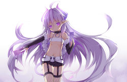 Rule 34 | 1girl, ahoge, bare shoulders, belt, breasts, bridal gauntlets, card, collar, cowboy shot, demon girl, demon tail, fishnet thighhighs, fishnets, garter straps, highres, horns, long hair, looking at viewer, midriff, navel, original, petite, pointy ears, purple eyes, purple hair, saru, short shorts, shorts, simple background, skull, small breasts, solo, strapless, suspenders, tail, thighhighs, tube top, underboob, very long hair