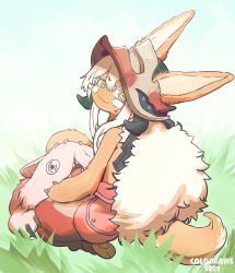 Rule 34 | 1girl, 1other, :3, body fur, brown fur, colo (nagrolaz), from behind, furry, grass, hat, highres, looking back, made in abyss, mitty (made in abyss), nanachi (made in abyss), pants, rabbit ears, sitting, tail, whiskers, white hair