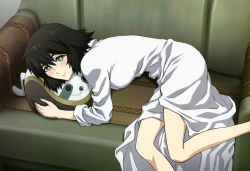 Rule 34 | 1girl, absurdres, blush, couch, doll, green eyes, highres, hugging doll, hugging object, kawada tsuyoshi, lab coat, lying, nyantype, official art, on side, scan, shiina mayuri, short hair, sleeves rolled up, smile, solo, steins;gate, stuffed animal, stuffed toy, upa (steins;gate)