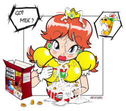 Rule 34 | 1girl, bowser, cereal, covered erect nipples, crown, cum, cum in container, cum on food, cum on hair, dress, earrings, facial, facing viewer, gokkun, jewelry, looking at viewer, mario (series), nintendo, orange hair, princess daisy, solo, super mario bros. 1, super mario land