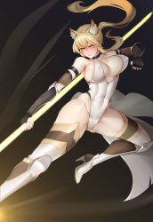 Rule 34 | 1girl, animal ears, arknights, arm strap, bare shoulders, black gloves, blonde hair, blush, bouncing breasts, breasts, brown background, cameltoe, clenched hand, closed mouth, collarbone, covered erect nipples, covered navel, elbow gloves, gins, gloves, gradient background, high heels, highleg, highleg leotard, highres, holding, holding weapon, horse ears, knee pads, large breasts, leotard, long hair, midair, multicolored clothes, multicolored legwear, nearl (arknights), nearl the radiant knight (arknights), orange eyes, polearm, ponytail, sidelocks, solo, spread legs, thighhighs, v-shaped eyebrows, weapon, white footwear