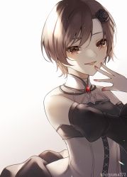 Rule 34 | :d, aryuma772, black flower, black rose, black sleeves, brown eyes, brown hair, detached sleeves, dress, flower, hair flower, hair ornament, highres, long sleeves, meiko (vocaloid), multiple girls, nail polish, open mouth, red nails, rose, short hair, simple background, sleeveless, sleeveless dress, smile, solo, twitter username, upper body, vocaloid, white background