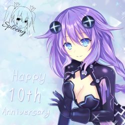 Rule 34 | 1girl, blue eyes, braid, breasts, highres, large breasts, long hair, neptune (series), original, purple heart (neptunia), signature, simple background, smile, solo, solo focus, spleeny, symbol in eye, twin braids, twintails, white background