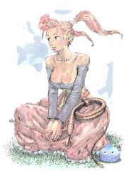 Rule 34 | 1girl, absurdres, bare shoulders, breasts, brown eyes, brown hair, cleavage, corset, dragon quest, dragon quest viii, dress, earrings, hair ornament, highres, jessica albert, jewelry, long hair, shirt, slime (dragon quest), twintails, weapon, whip, yasuda akira