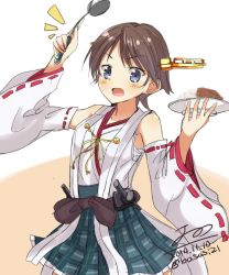 Rule 34 | 10s, 1girl, 2014, bad id, bad twitter id, bare shoulders, blue eyes, brown hair, cowboy shot, curry, curry rice, dated, detached sleeves, food, headgear, hiei (kancolle), highres, holding, holding food, kantai collection, ladle, nonono (mino), nontraditional miko, open mouth, parted bangs, plate, rice, short hair, skirt, solo, twitter username, wide sleeves