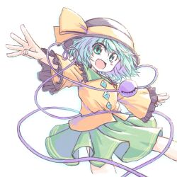 Rule 34 | 1girl, aokukou, black hat, bow, buttons, collar, commentary, diamond button, dot nose, frilled collar, frilled sleeves, frills, from side, green collar, green eyes, green hair, green skirt, hat, hat bow, heart, heart of string, komeiji koishi, light blush, long sleeves, looking at viewer, open mouth, shirt, short hair, simple background, skirt, smile, solo, t-pose, third eye, touhou, white background, wide sleeves, yellow bow, yellow shirt