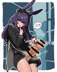 Rule 34 | 1girl, animal ears, arknights, bar censor, black shorts, blush, censored, erection, eyes visible through hair, finger to mouth, foreskin, foreskin pull, futanari, head tilt, highres, industrial pipe, looking at viewer, lungmen dollar, material growth, mirin chikuwa, oripathy lesion (arknights), penis, purple eyes, purple hair, rabbit ears, rope (arknights), shorts, shushing, solo focus