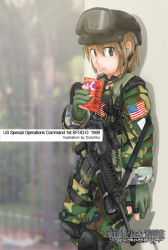 Rule 34 | 1girl, american flag, artist name, assault rifle, bad id, bad pixiv id, blush, brown hair, colt commando, drinking, drinking straw, dutchko, gloves, goggles, goggles on head, green eyes, gun, gun sling, helmet, hi-c, juice box, knee pads, leaning, leaning back, looking at viewer, m4 carbine, military, military uniform, original, rifle, short hair, soldier, solo, standing, throat microphone, uniform, united states, war, weapon