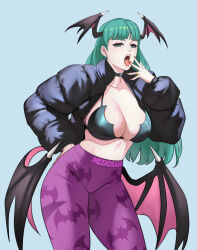 Rule 34 | 1girl, alternate costume, bat wings, bikini, bikini top only, black bikini, black choker, black jacket, blue background, breasts, choker, cleavage, commentary, demon girl, english commentary, fangs, green eyes, green hair, hand on own hip, head wings, jacket, large breasts, long hair, long sleeves, looking at viewer, meziosaur, morrigan aensland, open clothes, open jacket, open mouth, pants, purple pants, simple background, solo, swimsuit, tongue, tongue out, vampire (game), wings, yoga pants