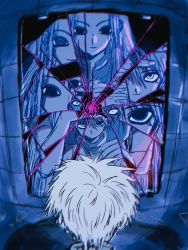 Rule 34 | black eyes, blue theme, broken glass, broken mirror, brothers, child, different reflection, empty eyes, glass, highres, hunter x hunter, illumi zoldyck, indoors, killua zoldyck, long hair, looking at mirror, male focus, mirror, mismatched pupils, reflection, short hair, siblings, sink, smile, symbolism, thicopoyo, white hair