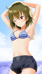 Rule 34 | 1girl, armpits, arms up, bare shoulders, bikini, bikini under shorts, black shorts, blue bikini, blue sky, blush, breasts, cloud, collarbone, cowboy shot, dot nose, green hair, highres, holding, holding towel, idolmaster, idolmaster million live!, idolmaster million live! theater days, lens flare, looking at another, nagayoshi subaru, nagmilk, navel, ocean, one eye closed, open mouth, outdoors, red eyes, short hair, shorts, sky, small breasts, solo, standing, striped bikini, striped clothes, swimsuit, towel, wet, wet hair
