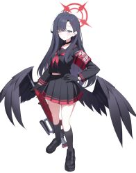 Rule 34 | 1girl, absurdres, arimas ar1, armband, black eyes, black footwear, black gloves, black hair, black sailor collar, black serafuku, black skirt, black socks, black wings, blue archive, blush, closed mouth, feathered wings, full body, gloves, halo, hand on own hip, highres, ichika (blue archive), long hair, long sleeves, looking at viewer, low wings, neckerchief, one eye closed, pleated skirt, red armband, red halo, red neckerchief, safety pin, sailor collar, school uniform, serafuku, shoes, simple background, skirt, socks, solo, weapon, white background, wings