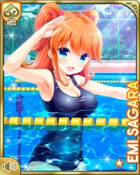 Rule 34 | 1girl, barefoot, blue eyes, breasts, card (medium), cleavage, competition swimsuit, day, girlfriend (kari), hair ornament, large breasts, looking at viewer, official art, one-piece swimsuit, open mouth, orange hair, outdoors, pool, poolside, qp:flapper, red ribbon, ribbon, sagara emi, saliuting, sky, solo, swimming, swimsuit, tagme, twintails, wet, wet clothes, wet swimsuit