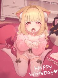 Rule 34 | 1girl, absurdres, ahoge, animal ear fluff, animal ears, blonde hair, blush, cardigan, cat ears, cat girl, condom, condom box, condom wrapper, cum, cum in mouth, cum on hands, cupping hands, cushion, dress, heart, heart ahoge, highres, kemomimi refle!, kuyukian3, long hair, looking at viewer, nekoma karin, okamoto condoms, own hands together, pink cardigan, red eyes, rug, second-party source, sitting, solo, thighhighs, virtual youtuber, white day, white dress, white thighhighs
