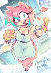Rule 34 | 1girl, amy rose, apron, areola slip, blush, breasts, cleavage, feeding, furry, furry female, gofa, green eyes, green hair, highres, large breasts, multicolored hair, nail polish, naked apron, pink fur, pink hair, sega, short hair, sideboob, solo, sonic (series), streaked hair, thick thighs, thighs, wide hips