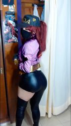 Rule 34 | 1boy, akali, akali (cosplay), androgynous, ass, ass focus, back, baseball cap, butt crack, cosplay, curvy, darkwaifutrap, gloves, hat, highres, huge ass, k/da (league of legends), k/da akali, league of legends, long hair, looking to the side, mask, photo (medium), ponytail, purple hair, solo, standing, trap