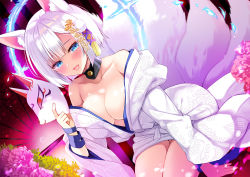 Rule 34 | 1girl, :d, alternate costume, animal ears, azur lane, bad id, bad pixiv id, blue eyes, blush, breasts, choker, cleavage, collarbone, dress, flower, fox ears, fox tail, hair ornament, holding, holding mask, ikura nagisa, japanese clothes, jewelry, kaga (azur lane), kimono, large breasts, light particles, long hair, long sleeves, looking at viewer, mask, multiple tails, no bra, off shoulder, oil-paper umbrella, open mouth, pink flower, ribbon, ring, seiza, short hair, sidelocks, sitting, smile, solo, sparkle, tail, thighs, uchikake, umbrella, wedding band, wedding dress, white hair, white kimono, wide sleeves, wrist ribbon