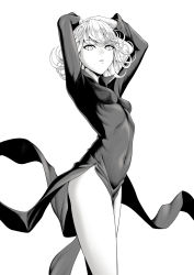 Rule 34 | 1girl, arms up, breasts, commentary request, covered navel, curly hair, dress, female focus, greyscale, hands on own head, highres, long sleeves, looking at viewer, monochrome, one-punch man, parted lips, short hair, small breasts, solo, standing, tatsumaki, thighs, v-shaped eyebrows, zaregoto tsukai no deshi