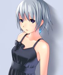 Rule 34 | 1girl, bare shoulders, black bow, black dress, black eyes, bow, breasts, collarbone, dress, earrings, grey background, jewelry, looking at viewer, looking to the side, original, parted lips, short hair, silver hair, simple background, sleeveless, sleeveless dress, small breasts, solo, syrma, upper body