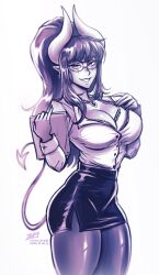 Rule 34 | 1girl, absurdres, artist name, breasts, cleavage, commentary, cowboy shot, demon girl, demon horns, demon tail, english commentary, glasses, highres, horns, iahfy, jewelry, large breasts, long hair, long sleeves, looking at viewer, mole, mole under eye, necklace, office lady, original, pantyhose, patreon username, pencil skirt, pointy ears, ponytail, simple background, skirt, solo, synth (iahfy), tail, twitter username, white background