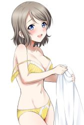 Rule 34 | 10s, 1girl, :d, bare shoulders, blue eyes, blush, bra, breasts, cleavage, cowboy shot, grey hair, highres, large breasts, looking at viewer, love live!, love live! sunshine!!, navel, open bra, open mouth, panties, sankuro (agoitei), short hair, smile, solo, standing, strap slip, swept bangs, underwear, underwear only, watanabe you, yellow bra, yellow panties