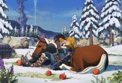 Rule 34 | 1boy, animal, animal on lap, apple, blonde hair, blue eyes, day, dog, food, from side, fruit, full body, highres, horse, jewelry, jidu que mi de xiao caocao, leaning back, leaning on animal, link, male focus, master sword, nintendo, on lap, outdoors, pine tree, pointy ears, profile, short hair, short ponytail, sitting, smile, smokestack, snow, solo, sword, the legend of zelda, the legend of zelda: tears of the kingdom, tree, weapon, winter, winter clothes