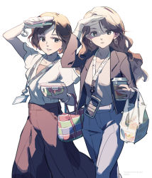 Rule 34 | 2girls, arm up, bag, bracelet, brown hair, brown jacket, brown skirt, cellphone, collarbone, commentary request, cup, disposable cup, earrings, eyelashes, fingernails, handbag, highres, holding, jacket, jewelry, lanyard, looking at viewer, multiple girls, open mouth, original, pants, phone, short hair, short sleeves, simple background, skirt, smile, tennohi, timestamp