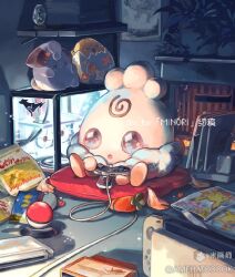 Rule 34 | amehatobook, cable, carrot, character doll, cleffa, commission, controller, creatures (company), cushion, game cartridge, game controller, game freak, gen 1 pokemon, gen 2 pokemon, holding, holding controller, holding game controller, igglybuff, indoors, mixed-language commentary, nintendo, nintendo switch, packet, pikachu, playing games, poke ball, poke ball (basic), pokemon, shelf, sitting, stitches, thank you, togepi, watermark