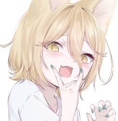 Rule 34 | 1girl, :d, animal ear fluff, animal ears, brown eyes, commentary request, fang, fox ears, fox girl, green nails, hair between eyes, kudamaki tsukasa, light brown hair, looking at viewer, mizore arius, open mouth, simple background, skin fang, slit pupils, smile, solo, touhou, upper body, white background
