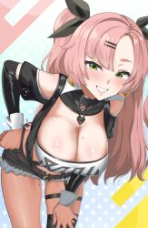 1girl blush breasts cleavage crop_top forehead grin highres kenja_panda large_breasts leaning_forward long_hair looking_at_viewer midriff mole mole_on_breast mole_under_eye nicole_demara pink_hair short_shorts shorts smile solo standing swept_bangs twintails zenless_zone_zero