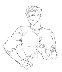 Rule 34 | 1boy, bae (baebae), broad shoulders, disembodied limb, greyscale, hair strand, highres, kray foresight, large pectorals, male focus, monochrome, muscular, muscular male, one eye closed, pectoral cleavage, pectorals, poking, promare, shirt, short hair, solo, taut clothes, taut shirt