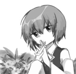 Rule 34 | 1other, androgynous, collared shirt, detached sleeves, enraku tsubakura, flower, greyscale, hair between eyes, len&#039;en, lowres, monochrome, neck ribbon, no headwear, other focus, own hands together, ribbon, shirt, short hair, sleeveless, sleeveless shirt, solo, vest, zhaozhaozhaozhaozhao083