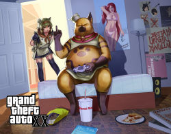 Rule 34 | 1boy, 1girl, animal ear legwear, bag of chips, bed, bikini, black dress, black thighhighs, blonde hair, character request, chips (food), closed mouth, commentary request, cup, dart, disposable cup, door, dress, dutch angle, fat, fat man, felyne, food, full body, furry, furry male, grand theft auto, grand theft auto v, green eyes, hentai kuso oyaji, highres, indoors, looking at another, maid, manatsu no yo no inmu, medium hair, megafaiarou (talonflame 810), middle finger, monster hunter (series), monster hunter xx, on bed, open mouth, orange scarf, pizza, pizza box, pizza slice, plate, playstation controller, poster (object), red hair, scarf, sitting, standing, swimsuit, thighhighs, white bikini