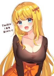 Rule 34 | 1girl, :d, black shirt, blonde hair, blue eyes, blush, bra strap, breasts, cleavage, collarbone, fang, fujishiro kokoa, hair ribbon, head tilt, highres, large breasts, long hair, long sleeves, looking at viewer, open mouth, orange background, orange skirt, original, red ribbon, ribbon, scoop neck, shirt, simple background, skin fang, skirt, smile, solo, straight hair, striped ribbon, translation request, upper body, very long hair, white background