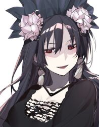 Rule 34 | 1girl, black hair, colored eyelashes, earrings, fangs, flower, hair flower, hair ornament, jewelry, looking at viewer, miracle tou, pale skin, rance (series), red eyes, shaded face, shikosour, simple background, solo, white background