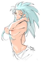 Rule 34 | 1girl, adjusting hair, breasts, closed mouth, cowboy shot, green hair, highres, hip focus, kenshin187, large breasts, long hair, looking at viewer, navel, nipples, one eye closed, pointy ears, ryouko (tenchi muyou!), signature, simple background, solo, standing, tenchi muyou!, topless, white background, wink, yellow eyes