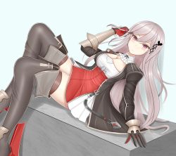 Rule 34 | 1girl, absurdres, azur lane, black footwear, black gloves, black jacket, boots, breasts, cleavage, detached collar, dress, dunkerque (azur lane), feet out of frame, from side, genius 1237to, gloves, grey hair, highres, jacket, juliet sleeves, long hair, long sleeves, looking at viewer, medium breasts, open clothes, open jacket, puffy sleeves, red dress, red eyes, red gloves, short dress, simple background, solo, thigh boots, thighhighs, thighhighs under boots, two-tone dress, two-tone gloves, very long hair, white background, white dress